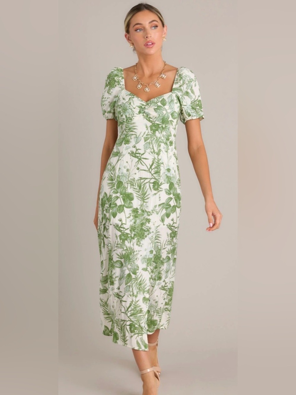 Green Floral Puff Sleeve Midi Dress, Cottagecore